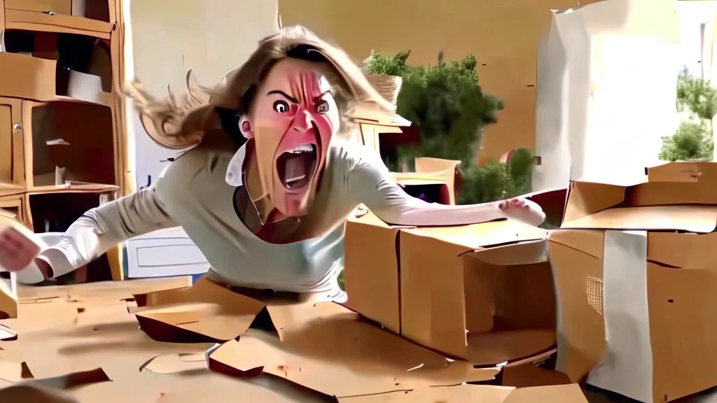 woman starts frantically tearing through a very large box the kitchen table was delivered in