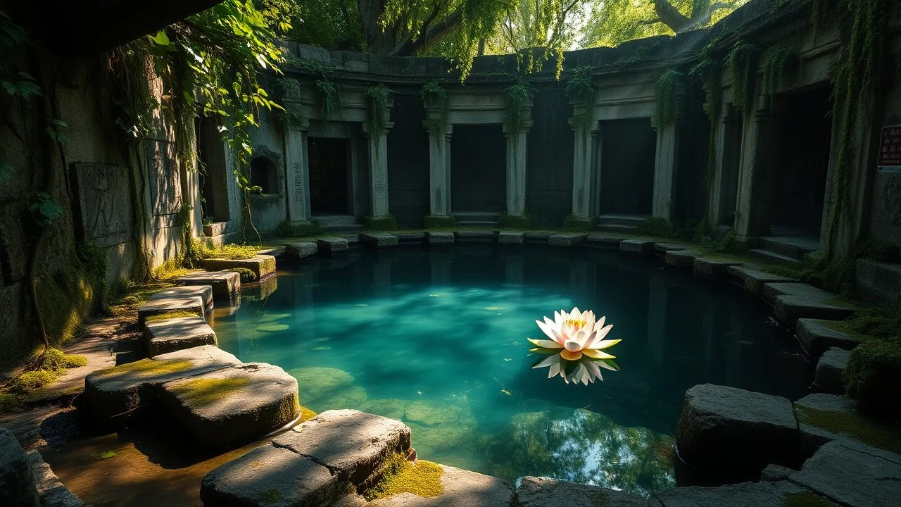 Theme: A mysterious pool nestled within ancient temple ruins. Details: The pool is surrounded by overgrown vines and crumbling stone, with moss and lichen adding textures of green. Faint carvings on the stone hint at stories of old gods. Sunlight filters through trees overhead, casting dappled shadows on the water's surface. A single lotus flower floats serenely in the pool, symbolizing tranquility and rebirth. The atmosphere is nostalgic and contemplative, inviting viewers to ponder the forgott