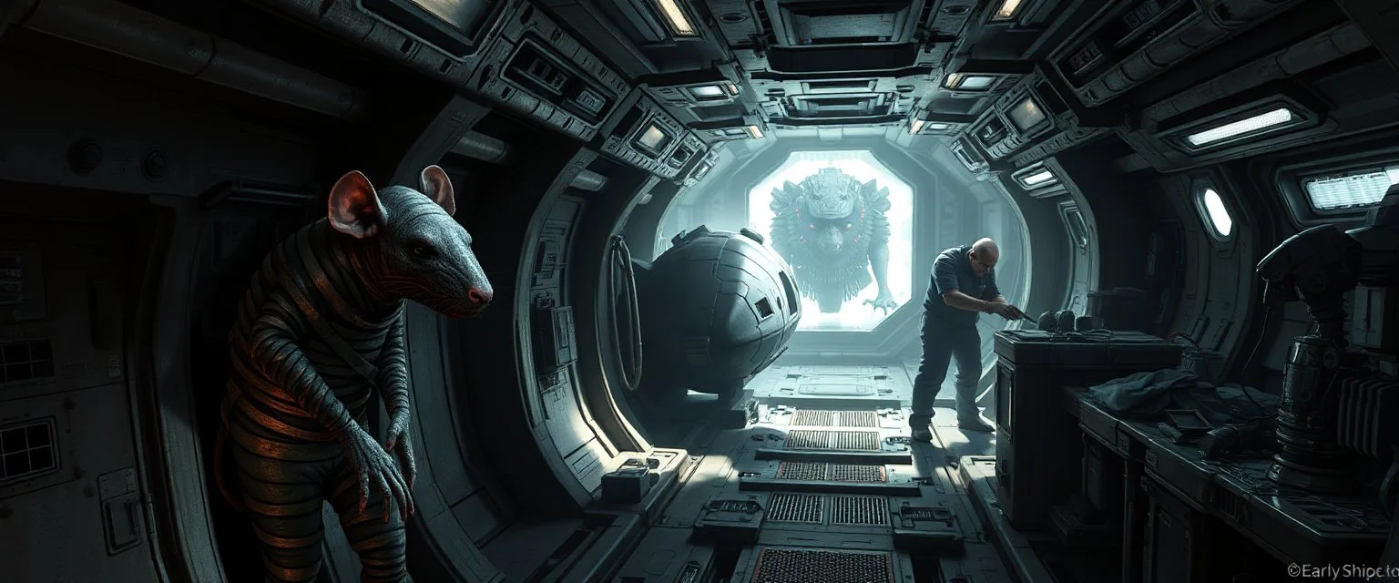 3️⃣ Early Ship Life "Three parallel strips inside the spaceship. Giant mummy rat moves along the left hull maintenance strip, alert and calculating, bandages frayed. Engineers and medics work in middle and right strips. Stasis rat pod visible in the background. Dramatic shadows, realistic textures, tension and stealth atmosphere."