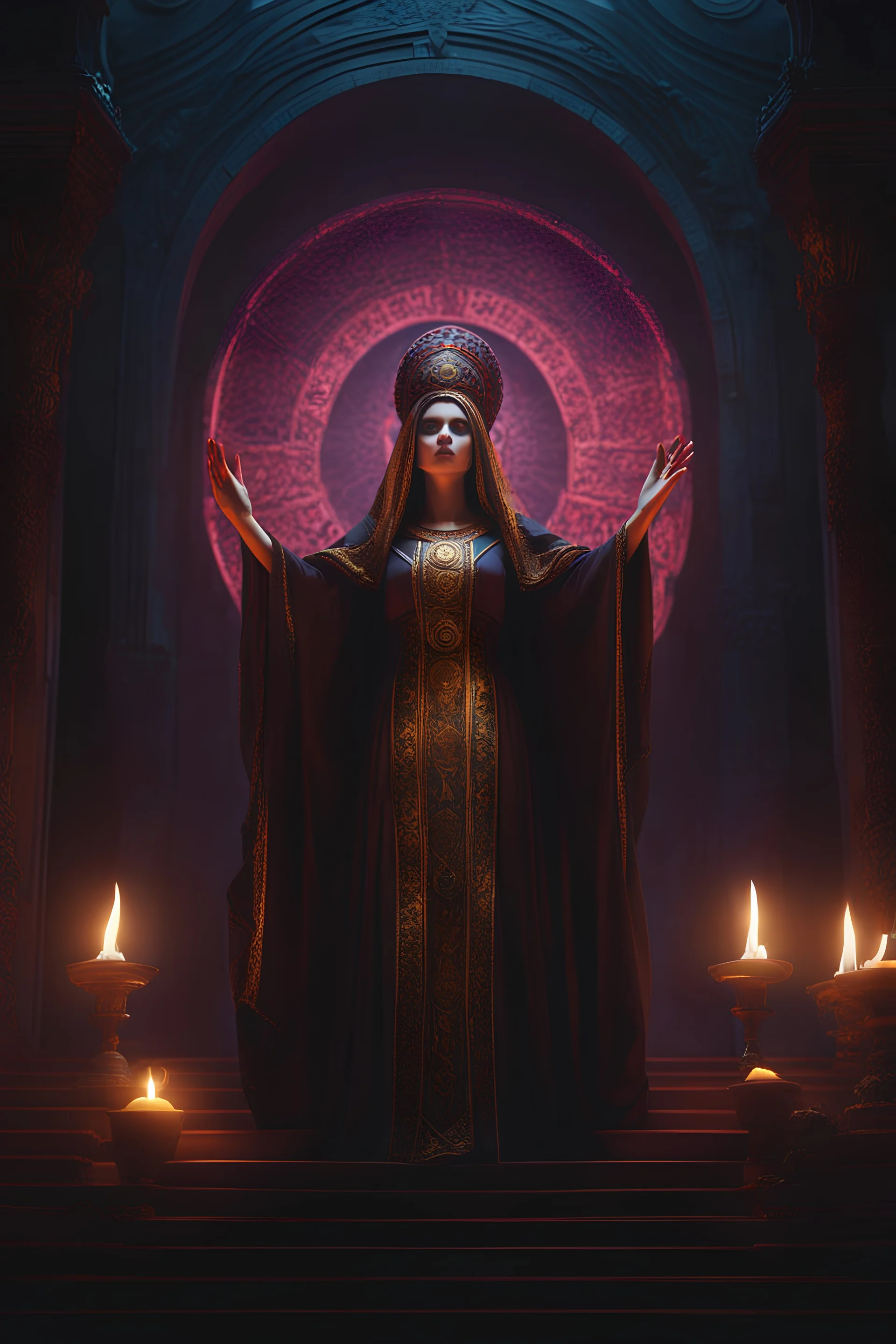 The high priestess of the god of death holding a sermon. Cinematic lighting, Volumetric, lighting, Epic color composition, the , octane render,