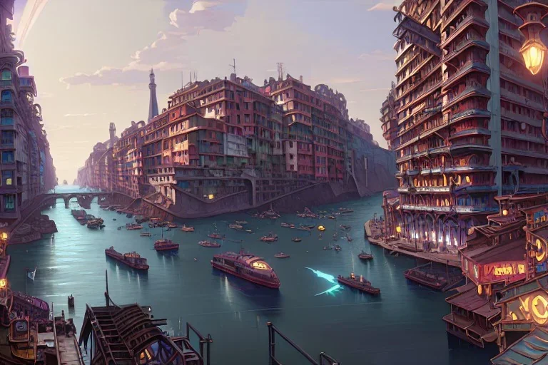 close up train+Elevated train+riomaggiore corner building+Italian colourful sea village +alphonse mucha, greg rutkowski,matte painting, cryengine, hyper detailed, felix kelly, fantasy art, seb mckinnon