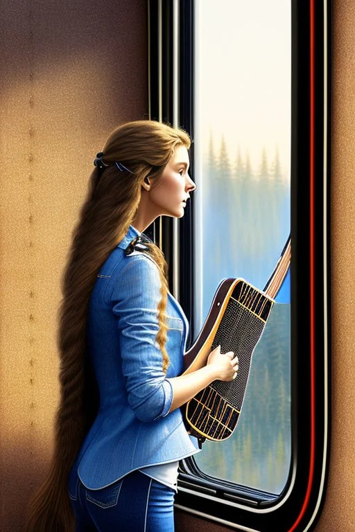 Side view of a long haired woman carrying her guitar case over her shoulder standing at the front window of a train looking out at the tracks tracks. sharp focus, hyper-realistic, country -western, masterpiece, museum quality, pretty face, emotional, symmetrical features, Fibonacci golden ratio