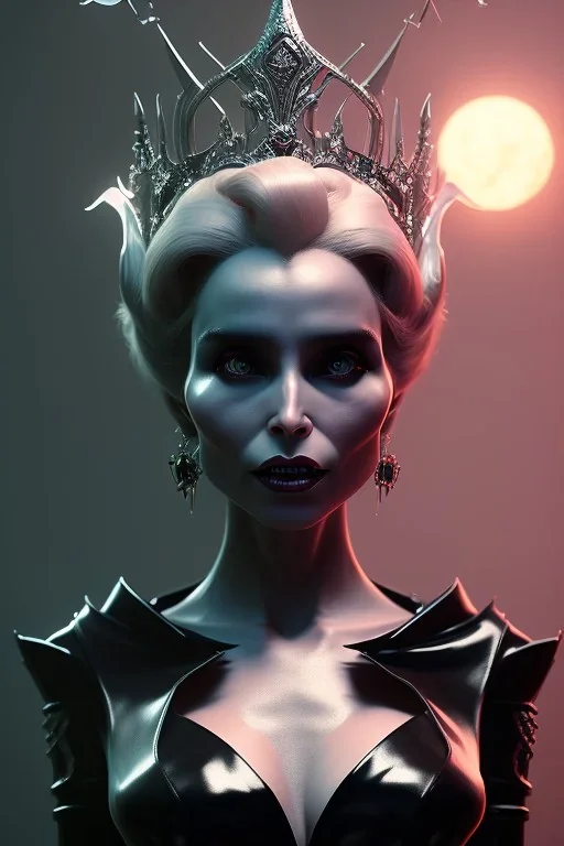 Constance Langdon as evil queen in black leather, leather, busty, cleavage, angry, stern look. character design by cory loftis, fenghua zhong, ryohei hase, ismail inceoglu and ruan jia. unreal engine 5, artistic lighting, highly detailed, photorealistic, fantasy