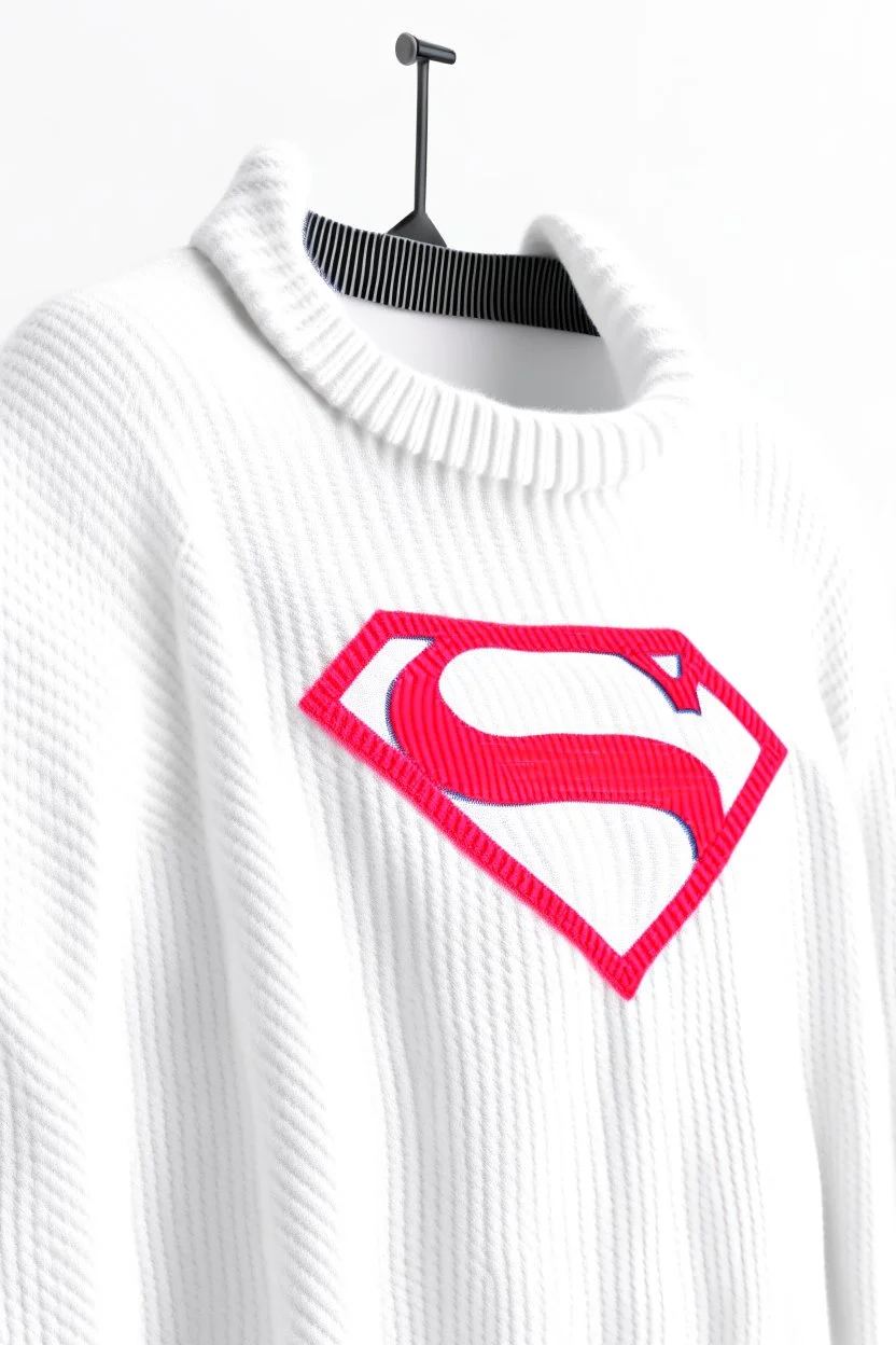 Men's Superman's Balenciaga sweater Winter elegant inspired by Superman's emblem design white tones with dual color on a white background, product catalog photography, soft spot lighting, depth of field, 4k –ar 3:5 –q 2