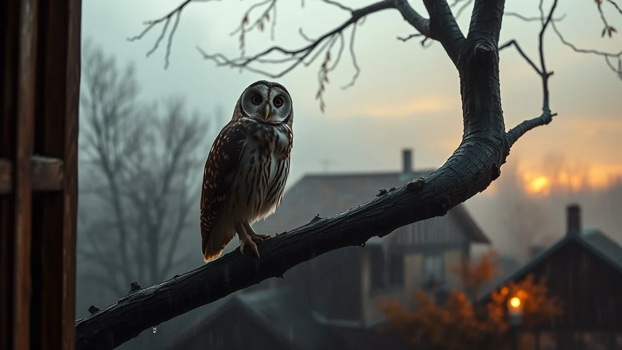 a barn owl sitting on a tree branch and looks into the poor village room through the window, mystic fog, autumn, rain, little light, sunset, high detailed, sharp focuses, photorealistic, perspective, cinematic, dramatic vibe