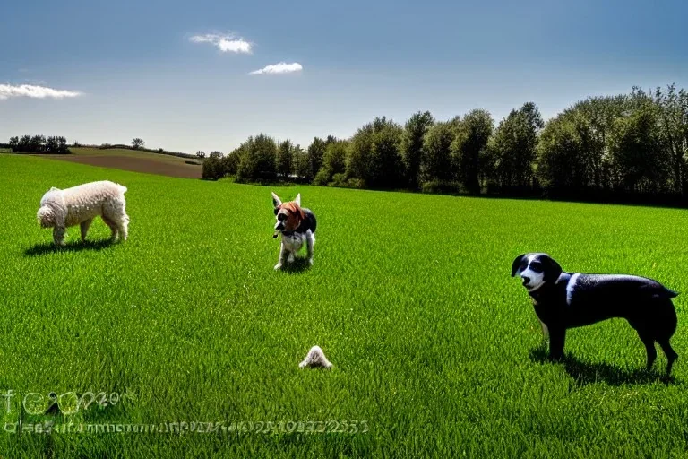 Photograph. Technological singularity. Post-apocalypse utopia. Machine, fake smile, staring eyes. Milky white lay figures torso on the ground. Grass, mud. dirt. Dog sniffing the torso. An yard of a farm is in the Background.