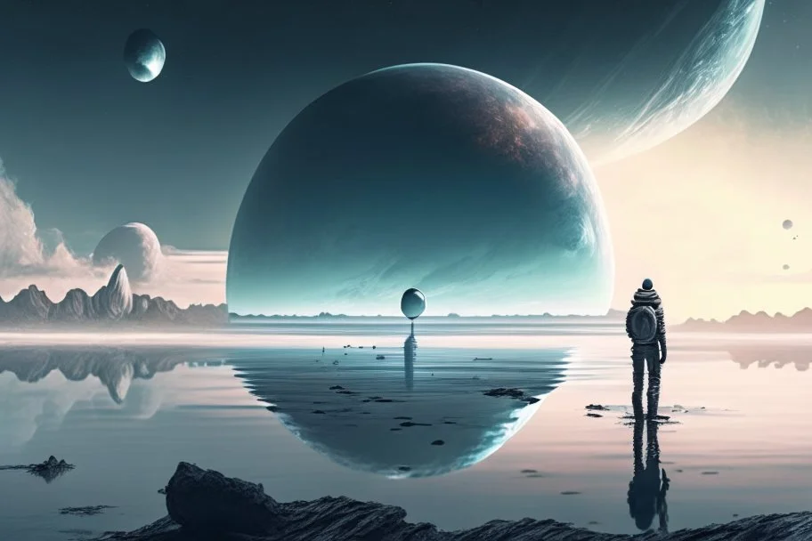 person seeing a grey exoplanet in the horizon, lagoon, sci-fi, very epic