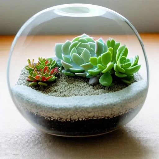 succulent terrarium in a glass bowl, pastel colors, sunbeam, adorable, linen backdrop