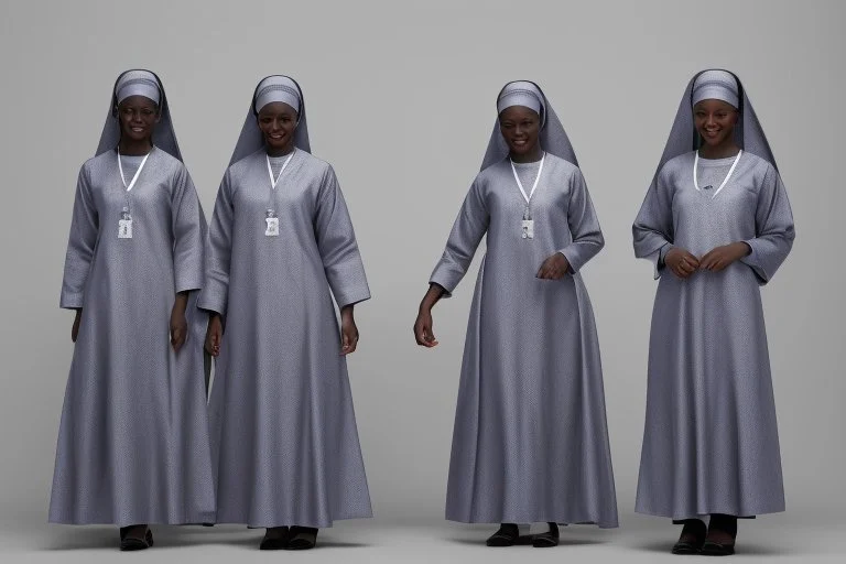 4 suore africane con tunica grigia figura intera sorrisi, visi armoniosi