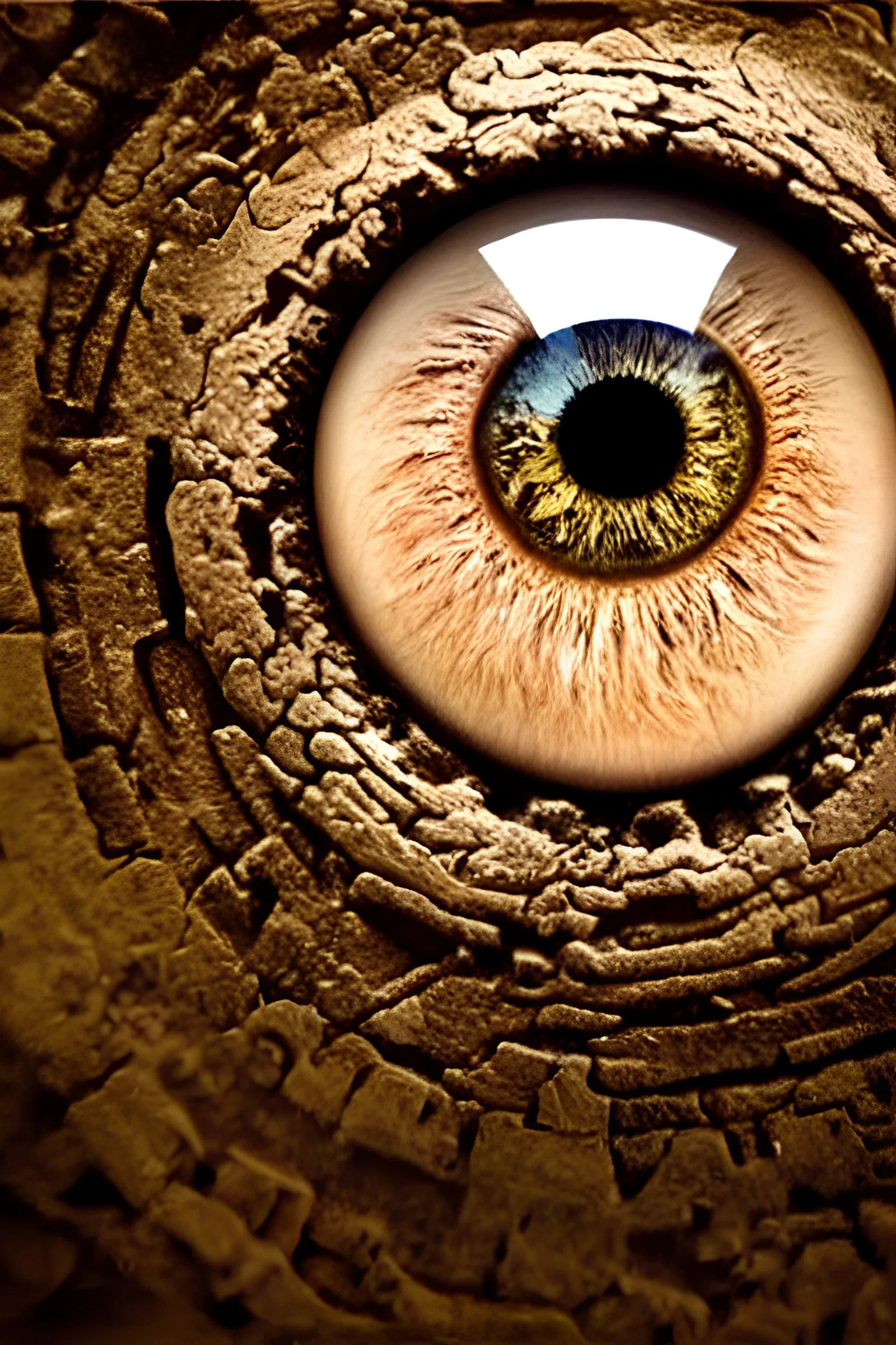 The ancient labyrinth is reflected inside the human eye, hyper-realistic