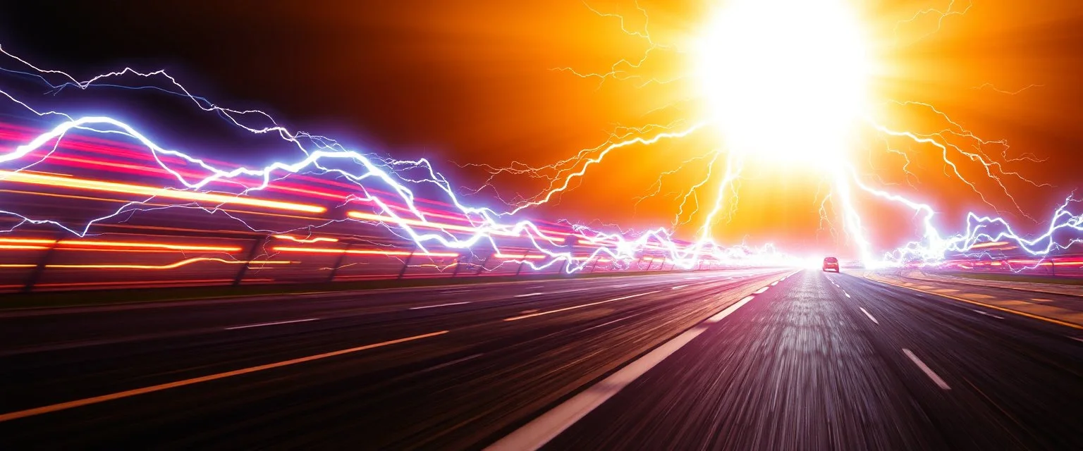 lightning and electricity streaming across composition left to right, behind is a bunch of racing inspired stripes to convey speed