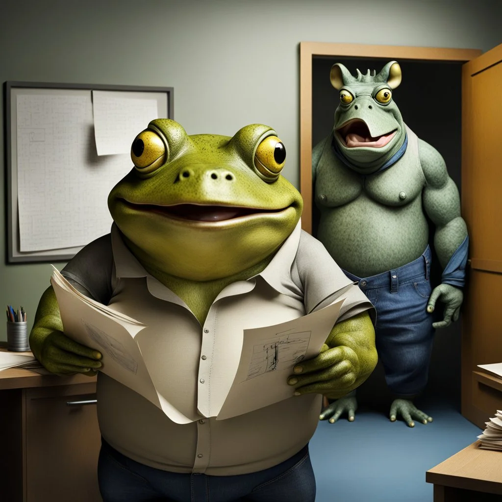 photo of a fat yellow-green color angry anthropomorphic frog in simple human cloths and take between his hands many paper in office, on the wall hang an wall board with some written sheets of paper, in background standing an anthropomorphic strong gray rhinoceros in blue jeans and in t-shirt behind in halb open door , dark colors, detailed 3d, sci-fi, fantasy mood