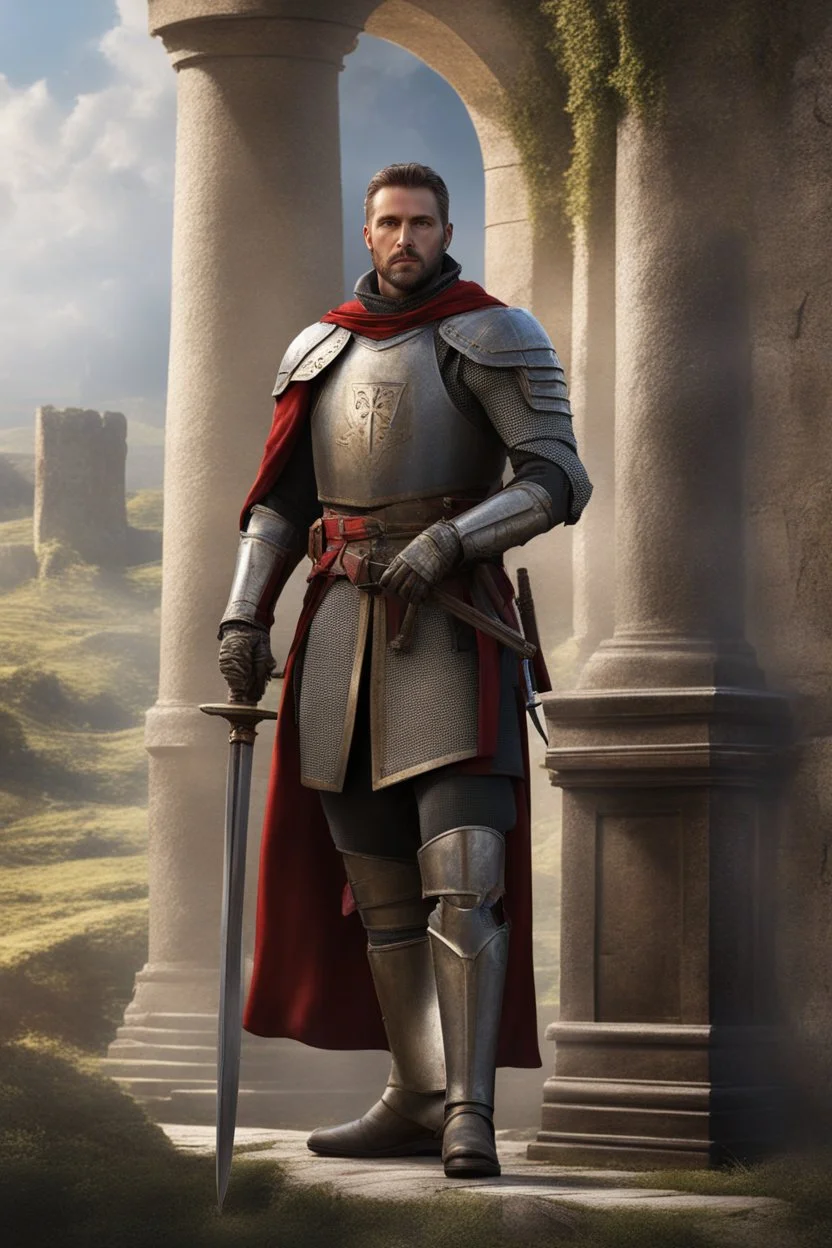 male noble templar knight, fantasy setting, medieval, year 1800, 8k, high detail, intricate, cinematic background, facing viewer