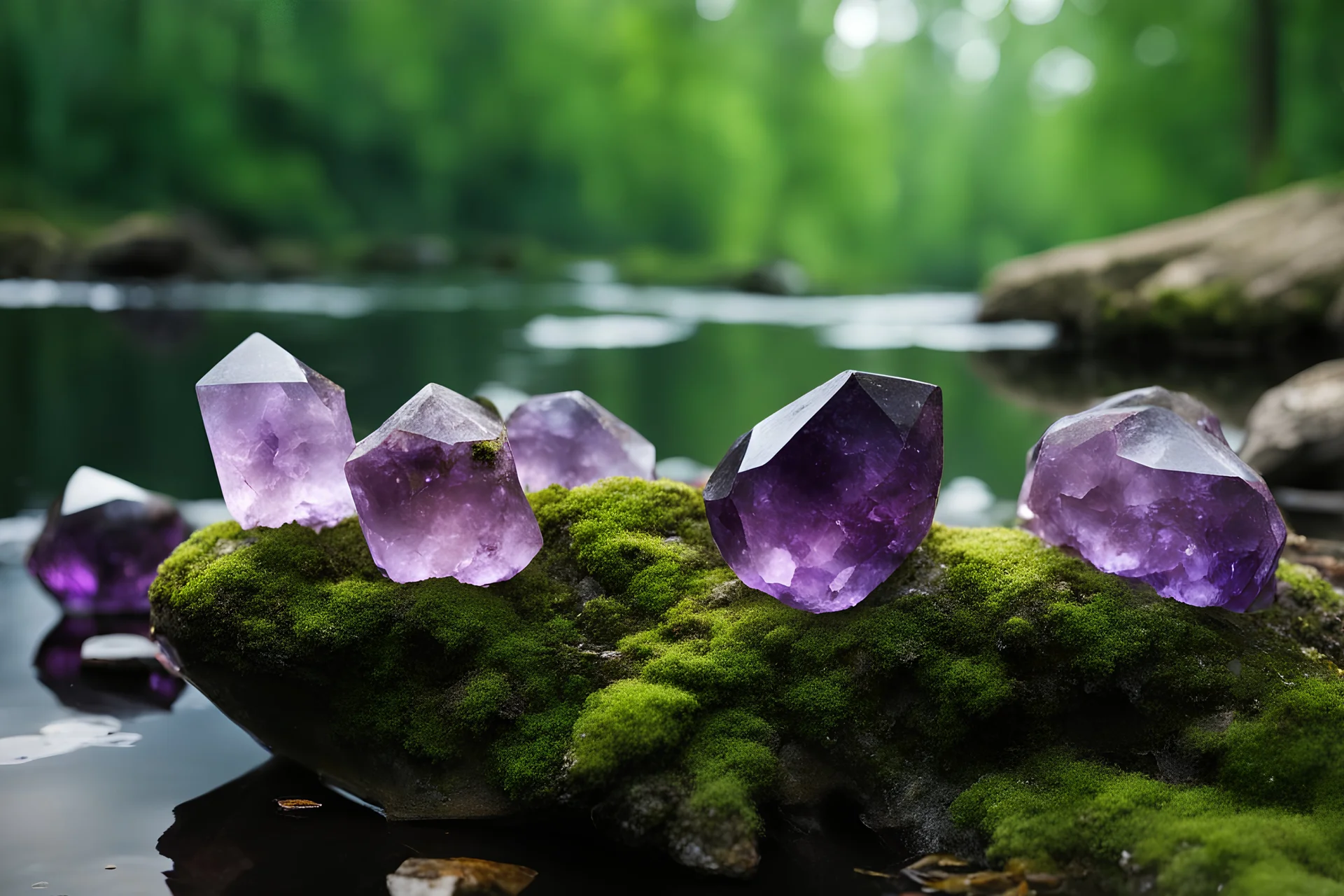 amethysts crystals, with transparency, in a forest, lake with fairies, reflexion