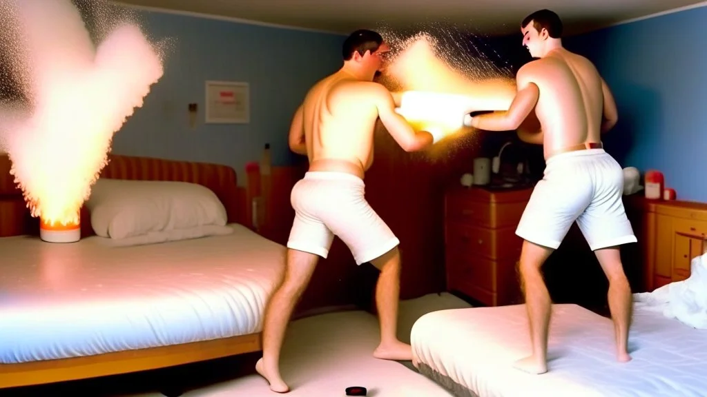 2 men in boxers spraying fire extinguisher foam at each other in motel room