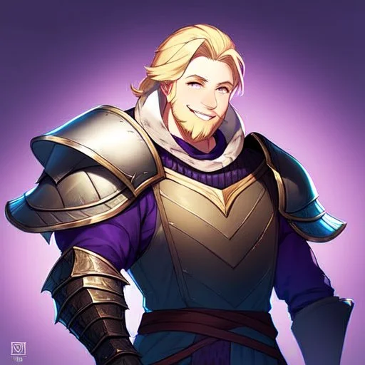 A nord male battlemage from Skyrim, full plate nordic armor, blond hair of medium length, hearty, smiling, thick short beard, purple shock spell in right arm, correct proportions