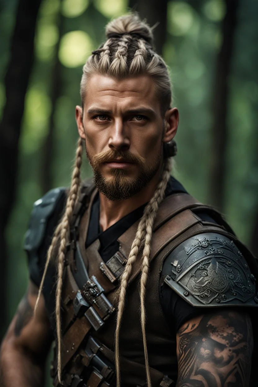 photorealistic hyperdetailed portait of 30-year-old german male, as mercenary with long blonde and undercut hair with braids, tribal tattoos and goatee beard wearing modern mercenary uniform dark fantasy forest backdrop