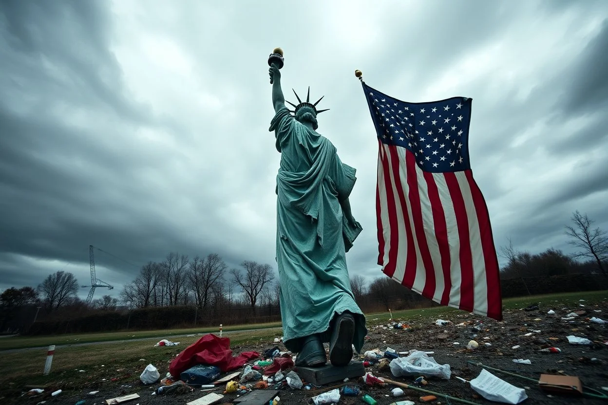 the statue of liberty, dress dirty and torn, her face solemn and terse, trash littered at her feet, she holds a crumpled american flag, she walks away with back turned under a dark and dreary sky, wide angle