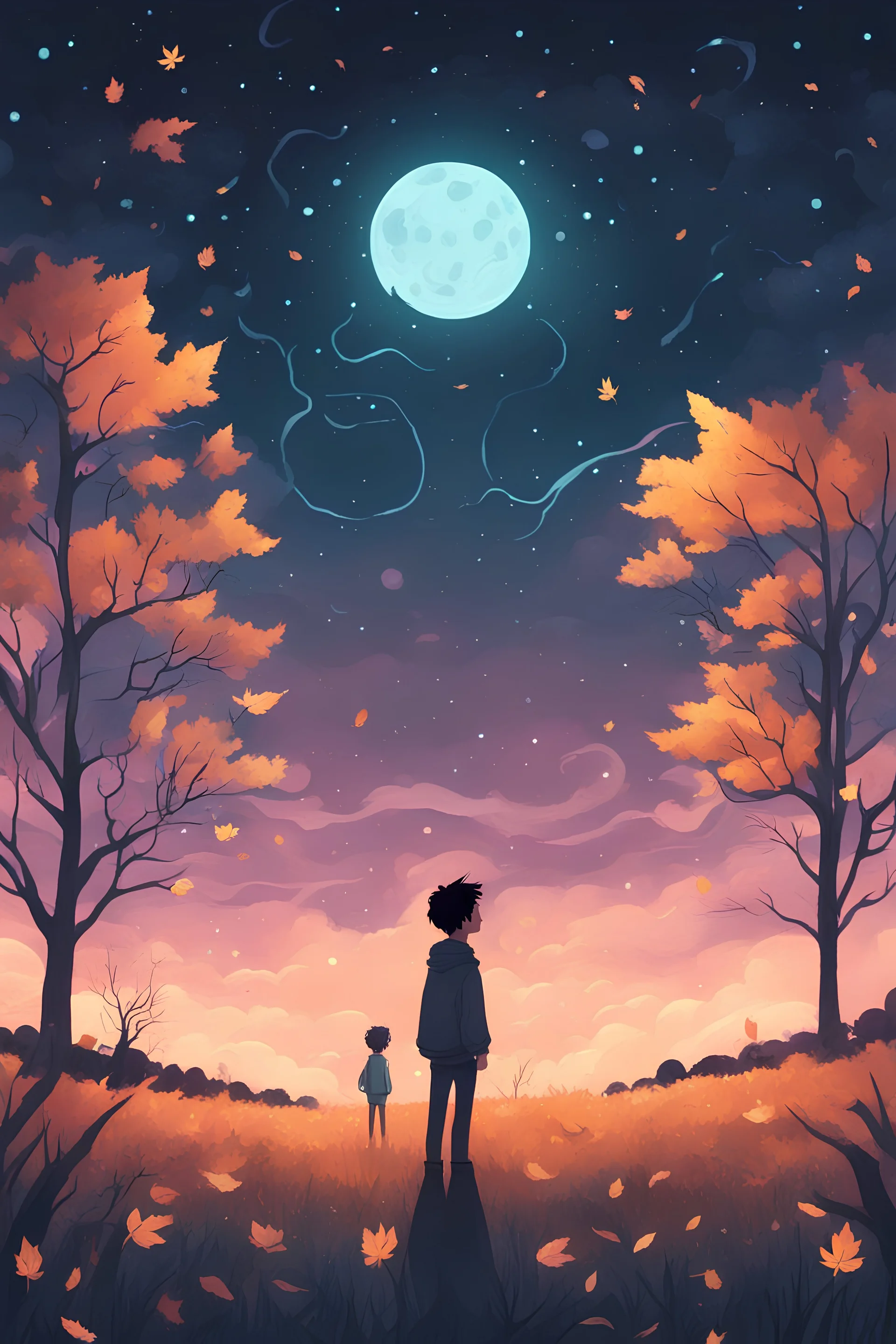 a non-binary person looking up to an ethereal person in a pasture at night during fall cartoon style