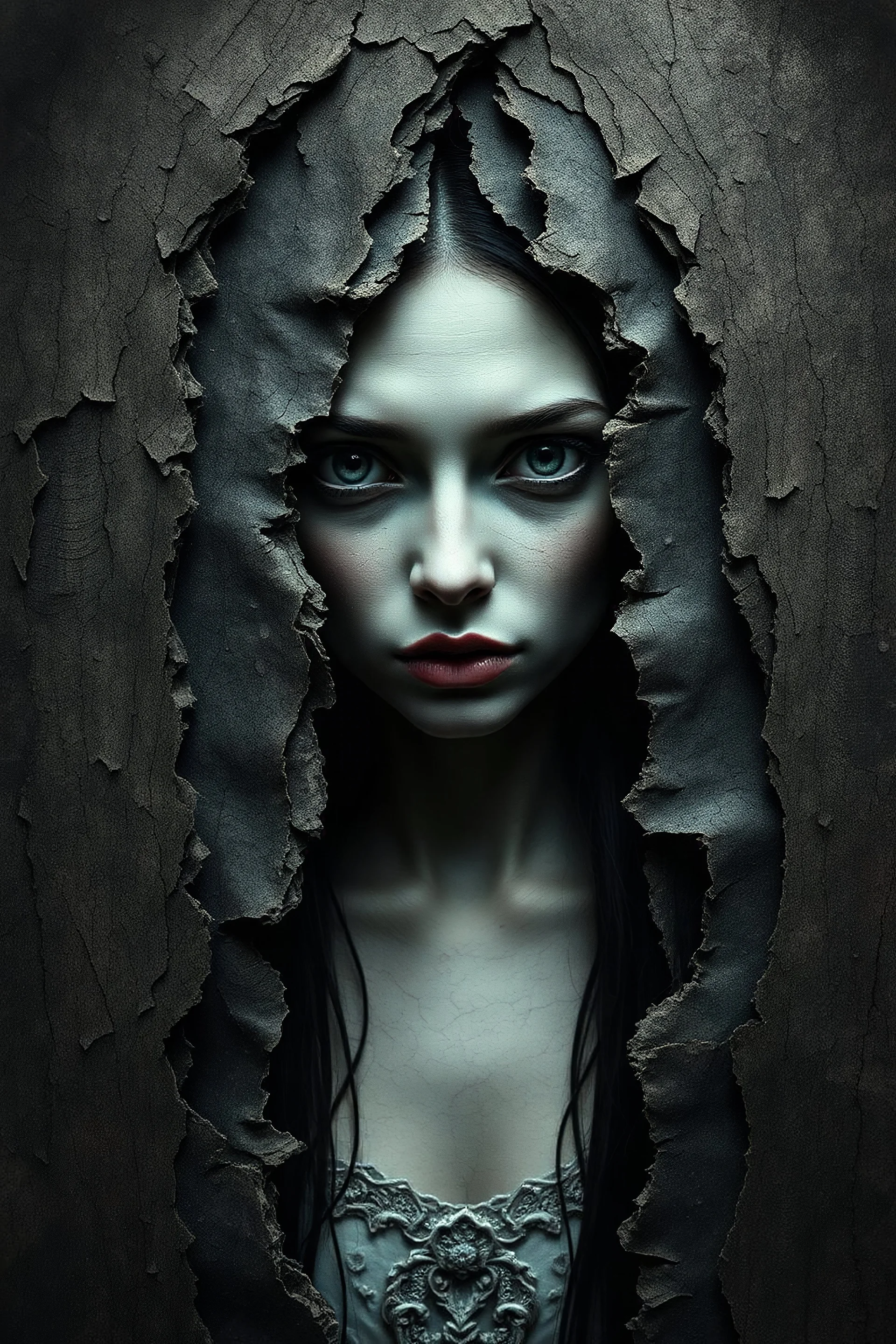surreal ancient tome crumbling paper women visage emerging torment intricate bark-like textures distressed edges fragile parchment dark hues slime torn fractures ghostly paper effect abyssal backdrop eerie ethereal glow slime enigmatic dreamlike atmosphere hauntingly serene composition