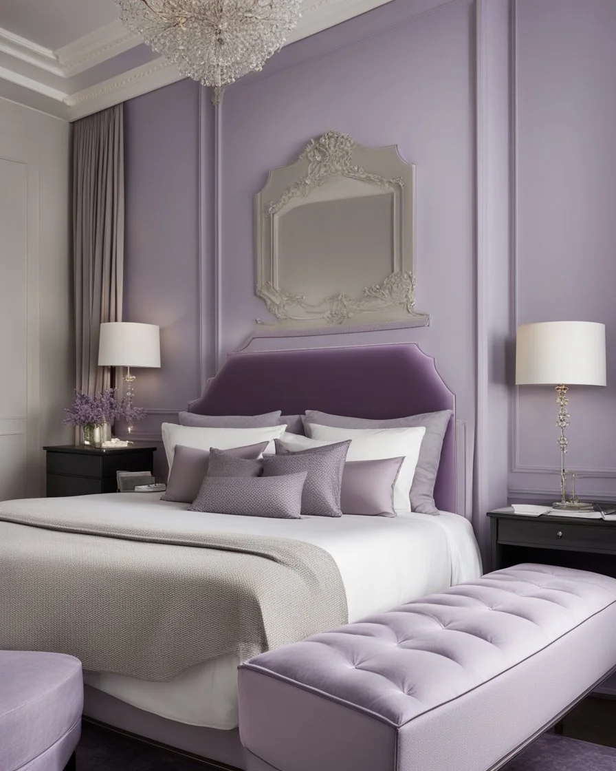 hotel bedroom, modern classic style, lavender colors