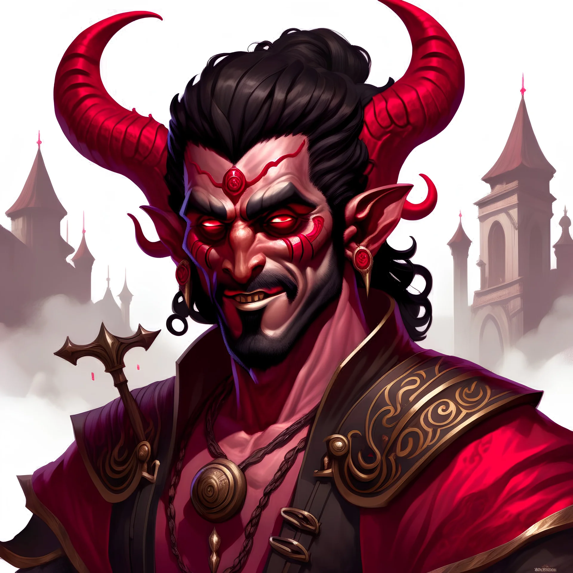 Dnd Male Tiefling Bard with deep Red skin all over, black hair in a ponytail, long horns on forehead