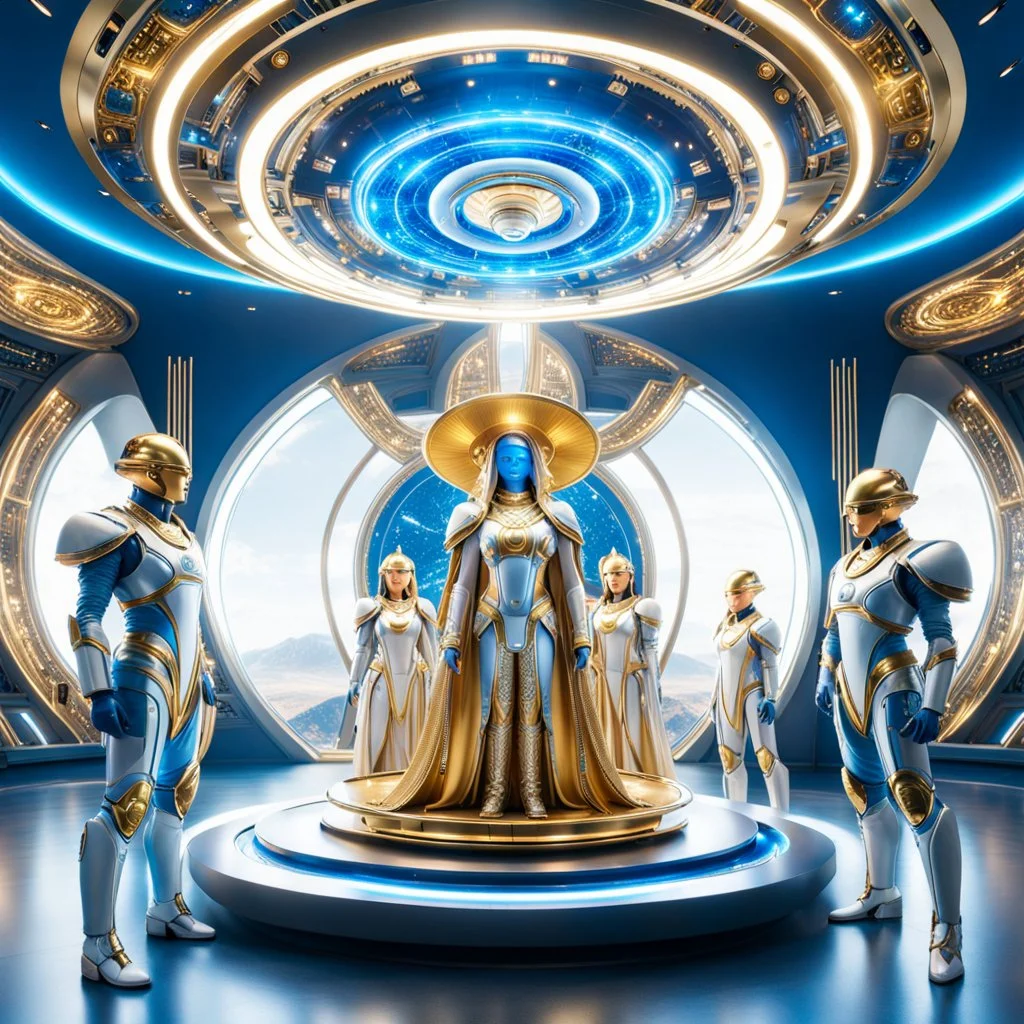 (masterpiece, best quality, 8k, RAW photo, beautiful and aesthetic:1.2), complex detail, Indirect light, photorealistic, (((full body))), a A group of Cosmic gods smiling, Mixed, sci-fi, spiritual and cyborg outfit with golden futuristic artifacts, white, blue and silver elements- Inside a great room of a flying saucer with a round hublot showing a galactic sunset