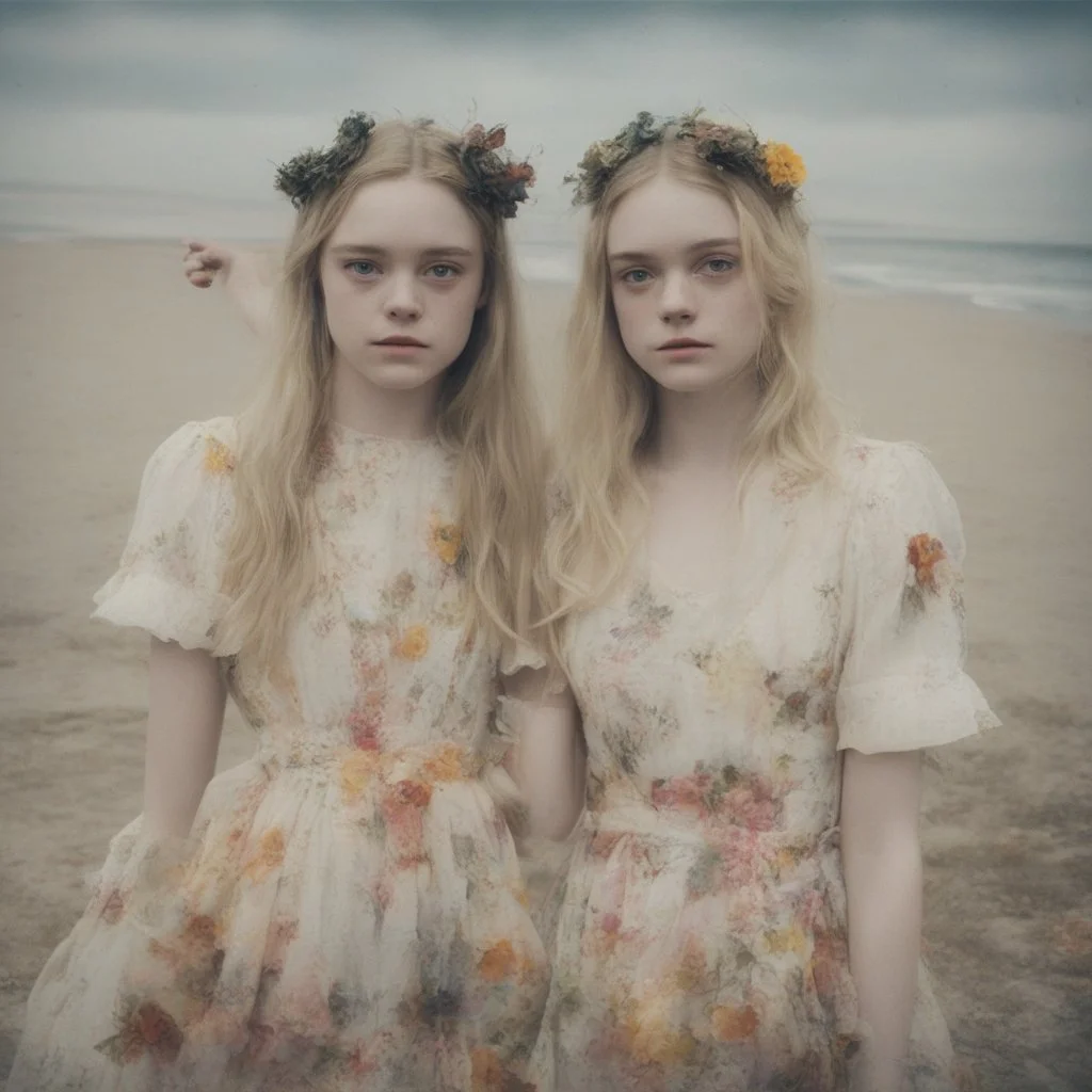 Elle fanning and dakota fanning as flowers, on the beach, damaged polaroid