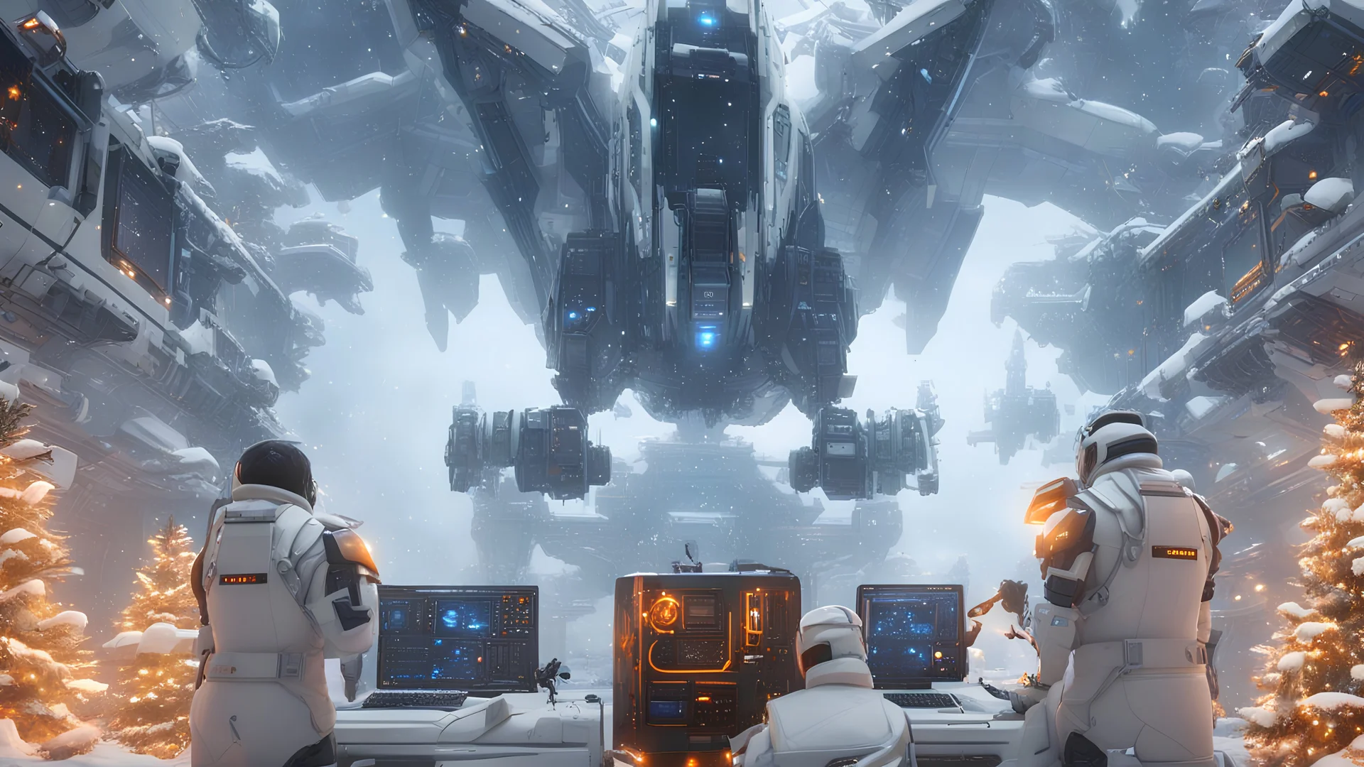 a close-up photo behind space station mechanics, they are looking at gigantic freezing icy mechanical falcon, 3 mechanics busy configuring the gigantic falcon robot, rtx gaming computer, Gigabyte Aorus Brand, christmas tree, Christmas gifts, Christmas lights, 3d render, 4k high definition, small details upgraded, realistic, sci fi, white colors