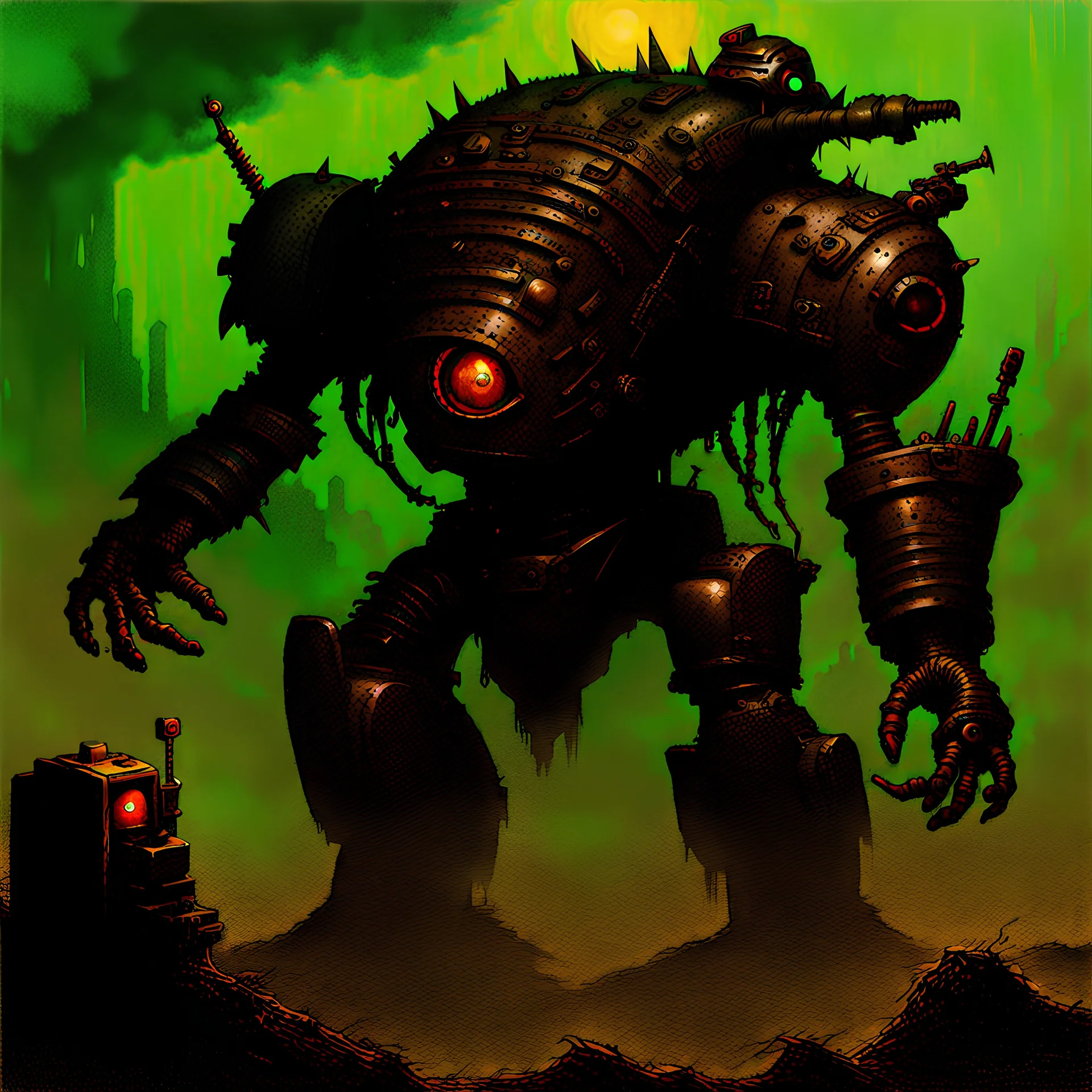 90's TCG art retro fantasy art of scrap robot monster post apocalyptic