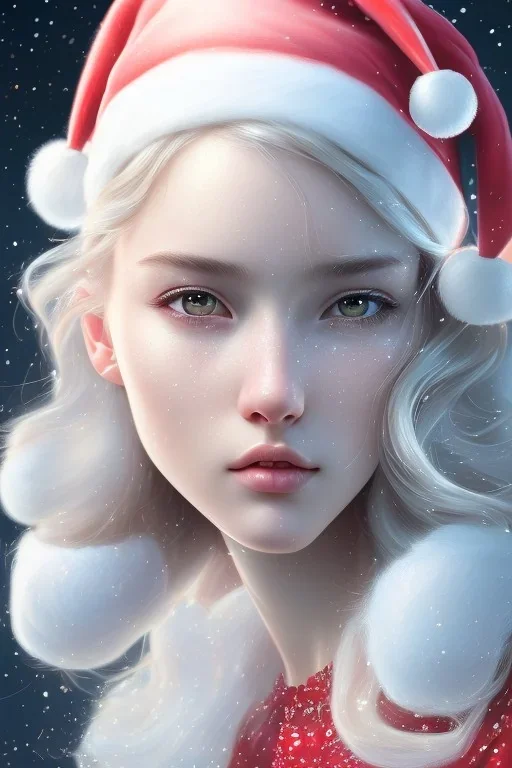 girl, cute, beautiful, long eyelashes, white hair, Santa hat, snowflakes, Christmas dress, head and shoulders portrait, 8k resolution concept art portrait by Greg Rutkowski, Artgerm, WLOP, Alphonse Mucha dynamic lighting hyperdetailed intricately detailed Splash art trending on Artstation triadic colors Unreal Engine 5 volumetric lighting