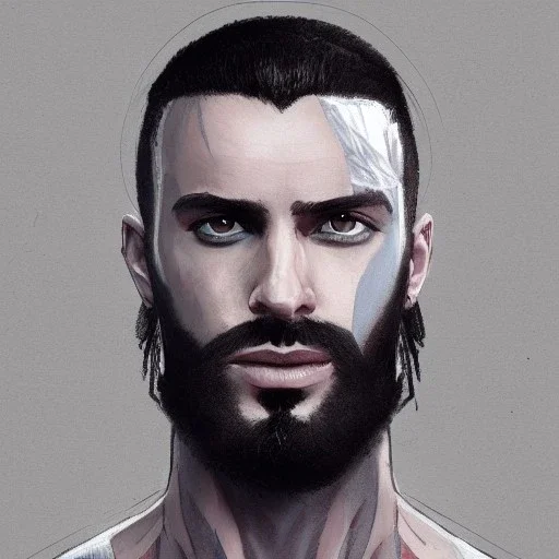 painted portrait of rugged man, scan over eye, dark hair, shaved sides, masculine, mid 30s, handsome, upper body, shaved, grey and silver, muscular, hairy torso, fantasy, intricate, muscular, elegant, highly detailed, digital painting, artstation, concept art, smooth, sharp focus, illustration, art by gaston bussiere and alphonse mucha