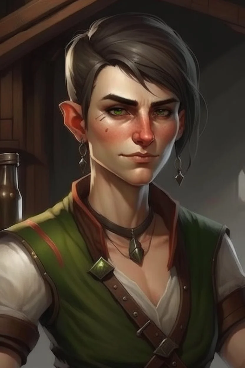 strong young half orc androgynous who works at a tavern with short hair realistic