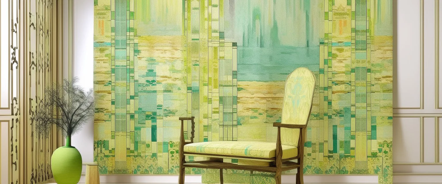 A pale greenish yellow luminous metropolis designed in Navajo woven art painted by Claude Monet