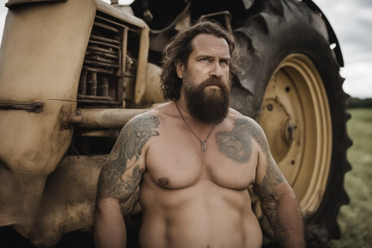 extreme close up photography of a ugly strong overweight 42 year old gipsy tractor driver shirtless in short pants to his tractor in the field, manly chest, bullneck, big nose, short beard, angry eyes, tattoo, long curly hair, photorealistic, side light , frontal view from the ground