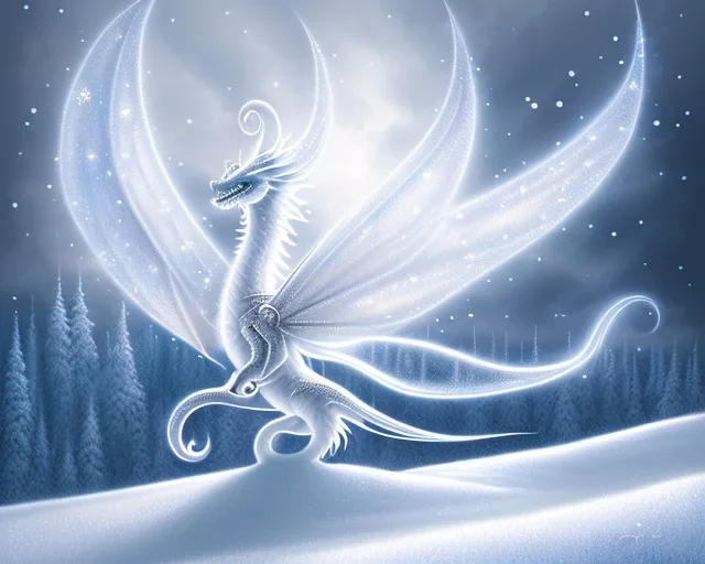 mdjrny-v4 style, a white dragon with fairy-like transparent glowing and shining wings standing in snow, full body, silver lightning, glowing soft and smooth wings, realistic, highly detailed intricately detailed, shiny snowy background, soft studio lighting, trending on artstation, by artist "Julie Bell", by artist "Greg Rutkowski"