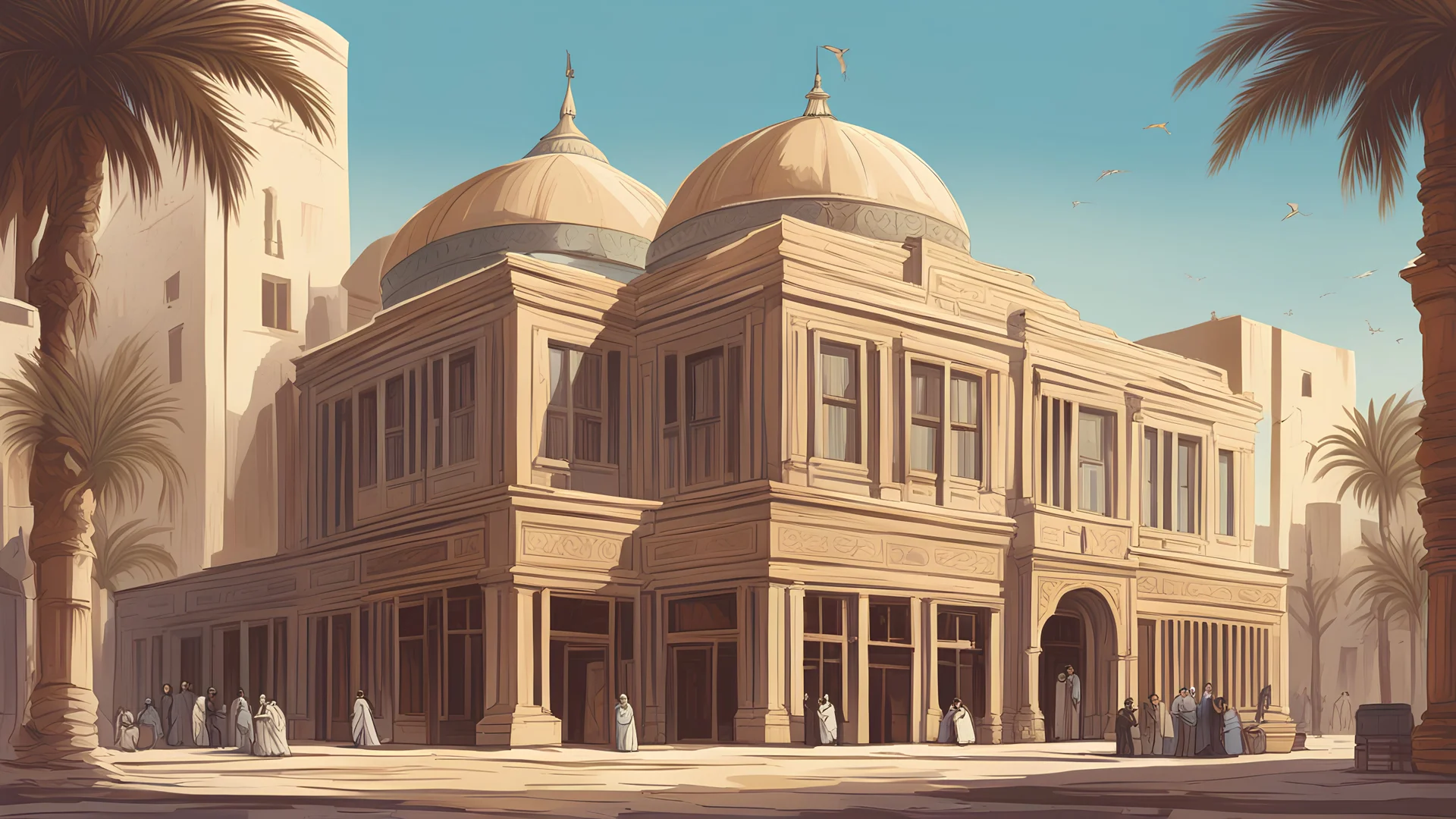 Company, office building. 1900 AD. Baghdad East India Company. کمپانی هند شرقی بغداد. Vector, Digital painting, Drawing. Cartoons. illustration.