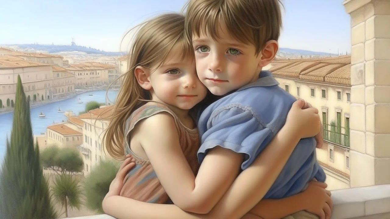 Neoclassicism little girl hugging little boy realistic cote d'azur