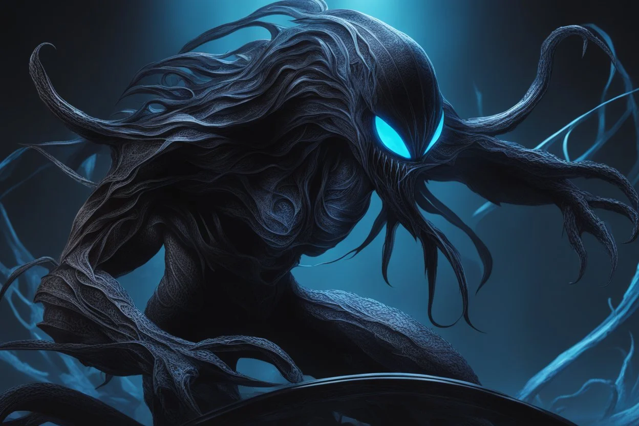 Huge symbiote in 8k solo leveling shadow drawing, Cthulhu model, neon blue lights, sea, intricate details, highly detailed, high details, detailed portrait, masterpiece,ultra detailed, ultra quality