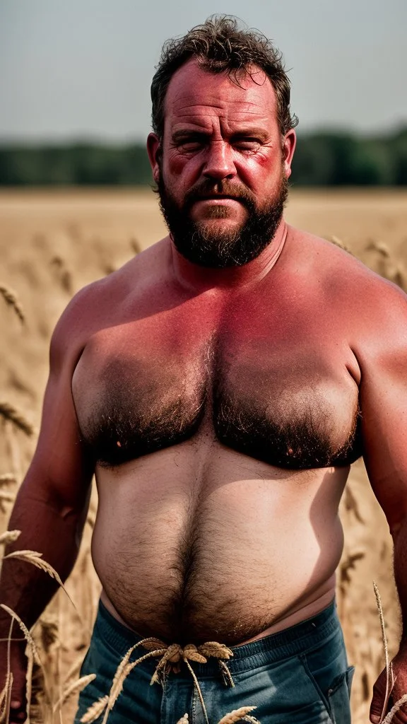 close up photography of a relaxing tired burly beefy neapolitan farmer 50 years old under the sun sitting down in a wheat field, dirty, ugly, manly chest, sweat, with the shirt open, boxer, bulge, view from top, 35mm lens , misery and poverty, countryside,