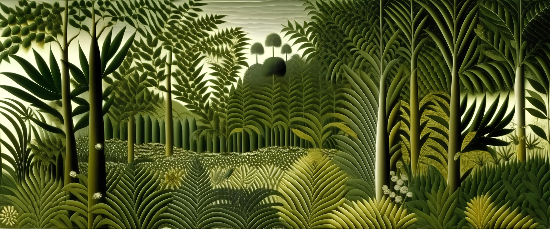 A gray jungle designed in ancient Roman mosaics painted by Henri Rousseau