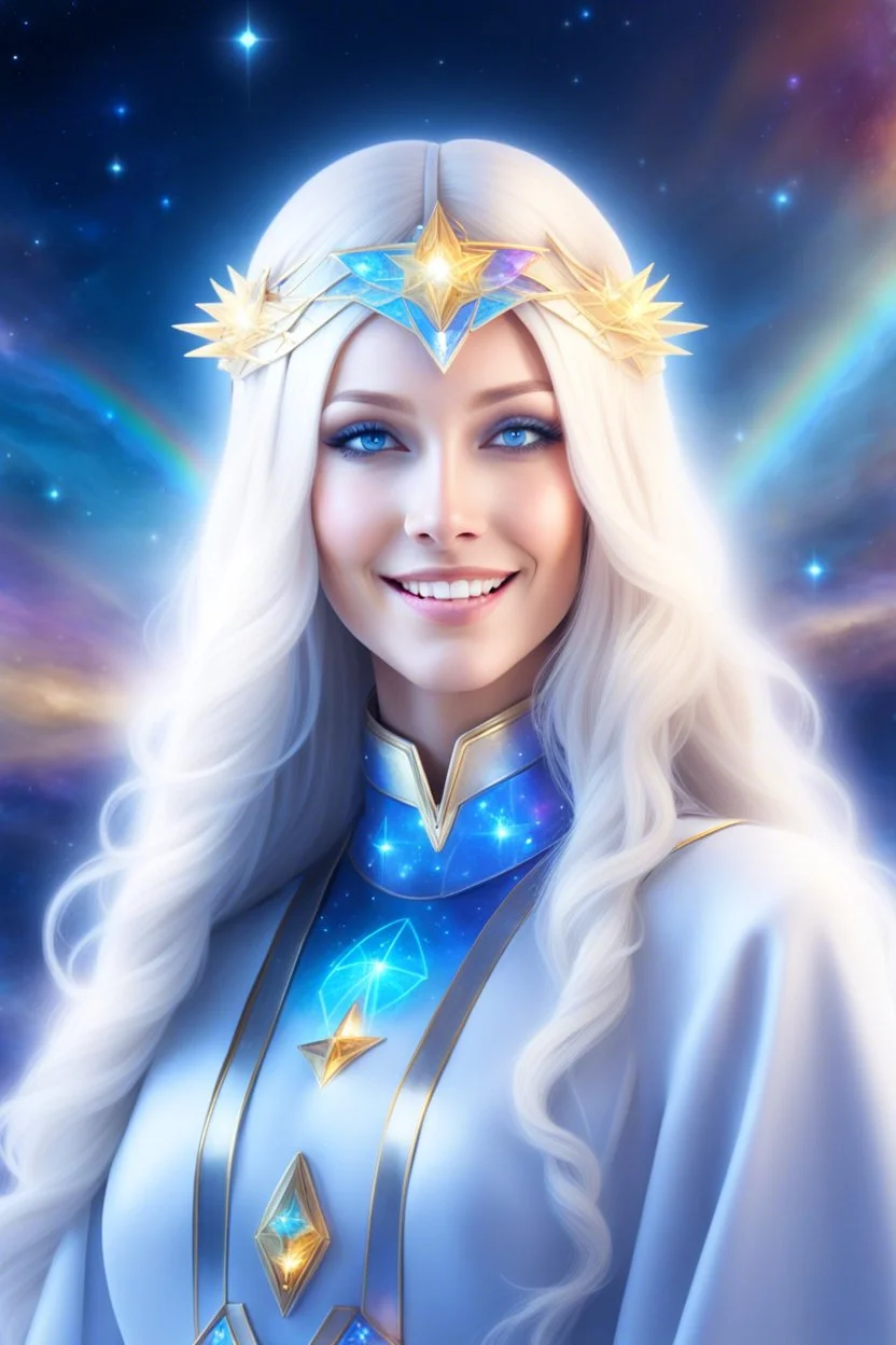 cosmic woman smile,galactic fédération, admiral from the future, one fine whole face, crystalline skin, expressive blue eyes,rainbow, smiling lips, very nice smile, costume pleiadian, Beautiful tall woman pleiadian Galactic commander, ship, perfect datailed golden galactic suit, high rank, long blond hair, hand whit five perfect detailed finger, amazing big blue eyes, smilling mouth, high drfinition lips, cosmic happiness, bright colors, blue, pink, gold, jewels, realist, high,ufo rainbow