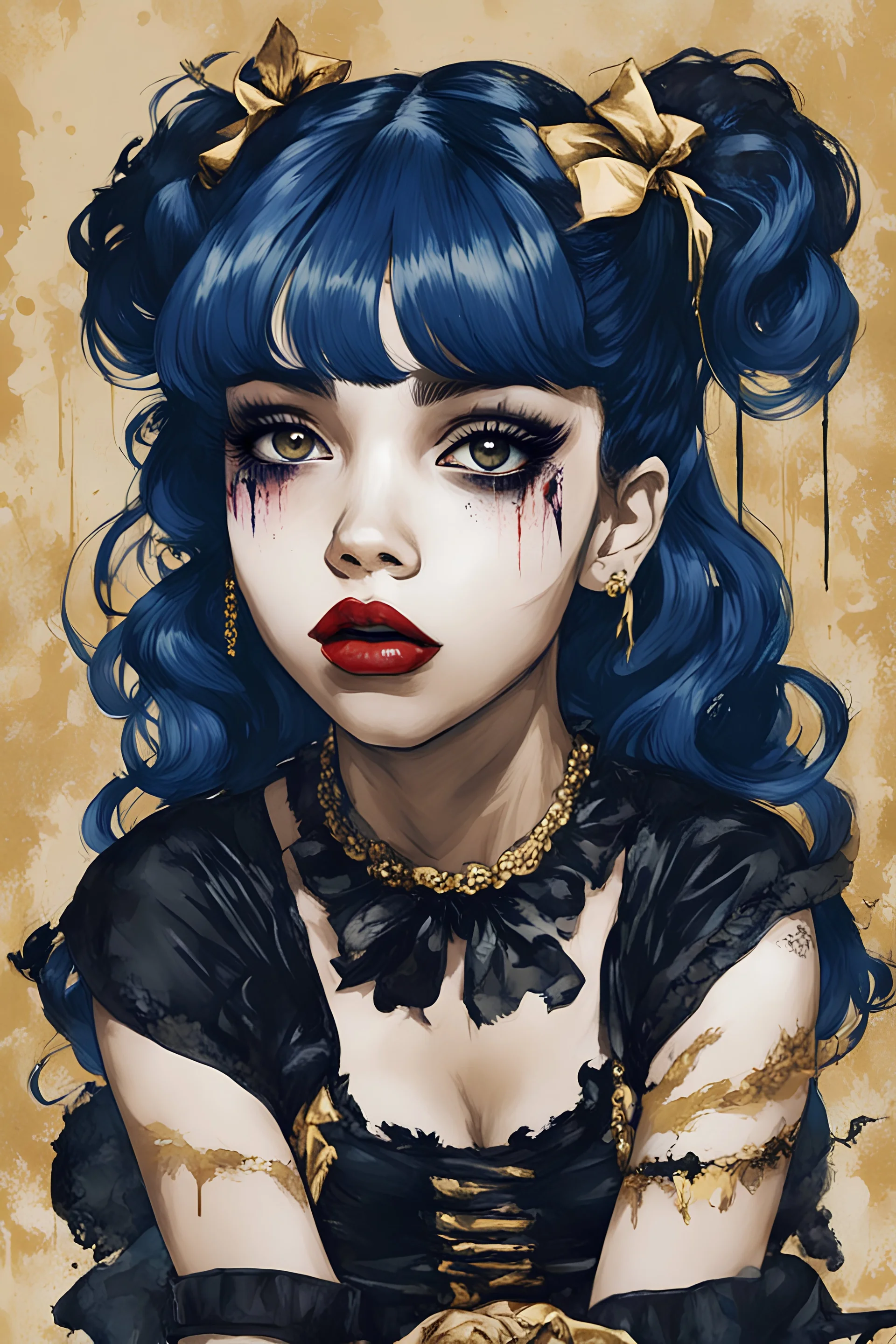 Poster in two gradually, a one side malevolent goth vampire girl face and other side the Singer Melanie Martinez face, full body, sit pose, painting by Yoji Shinkawa, darkblue and gold tones,