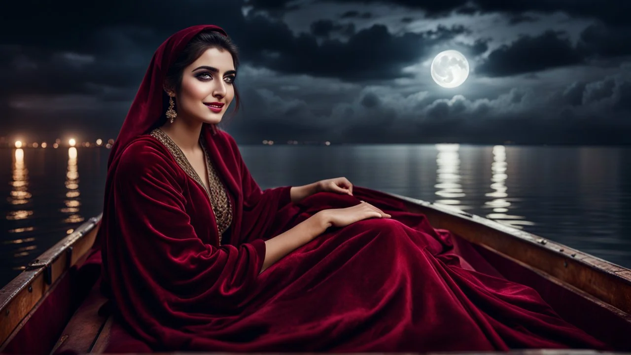 Hyper Realistic Photographic-Close-View Young Beautiful Happy Pashto Woman with beautiful eyes wearing Velvet-Maroon-Dress-with-velvet-black-shawl Happily-Sitting in a boat-carrying-a-Lalten between-the-sea with cloudy-moonlight at beautiful-dark-night showing dramatic & cinematic ambiance.