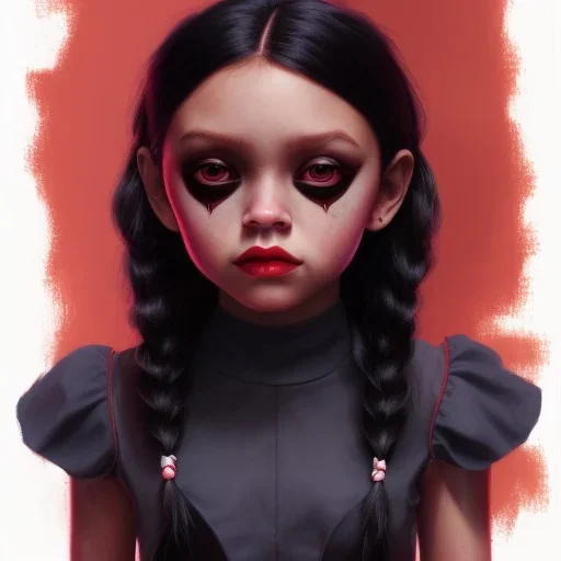 Jenna ortega as wednesday with wednesday addams dress,soft goth libstick, overknee socks, painted by artgerm and tom bagshaw, fantasy art, dramatic lighting, highly detailed oil painting, volumetric lighting