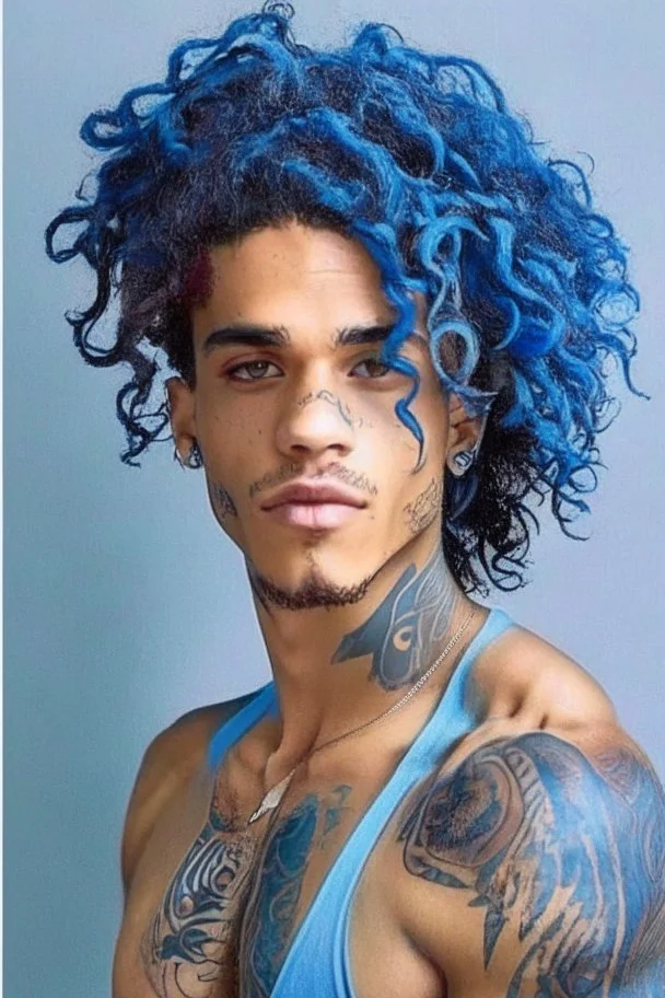 longish blue curly hair, brown skin, light eyes, tattoos