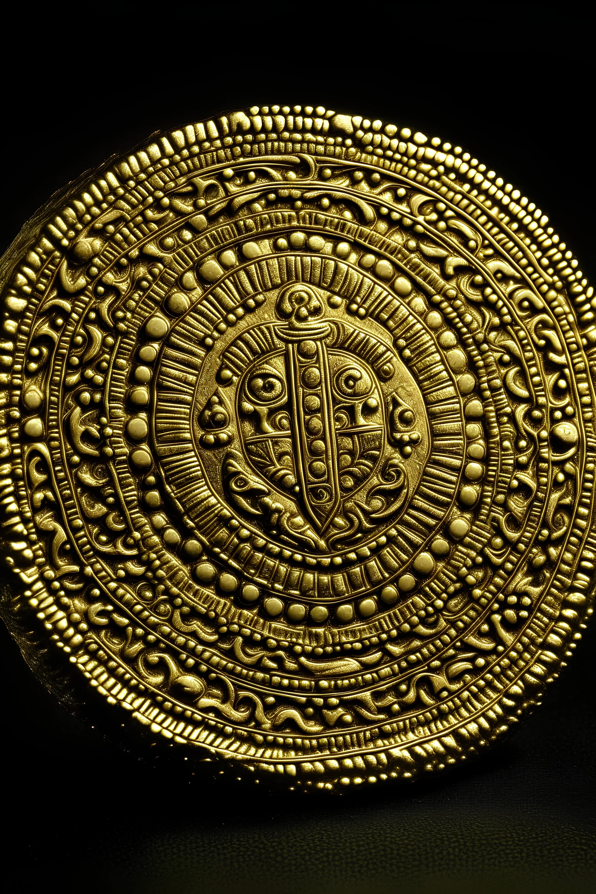 Picture of a coin with both its front and back, made of gold with crown embroidery on the front and crossed swords among other filigree on the back.