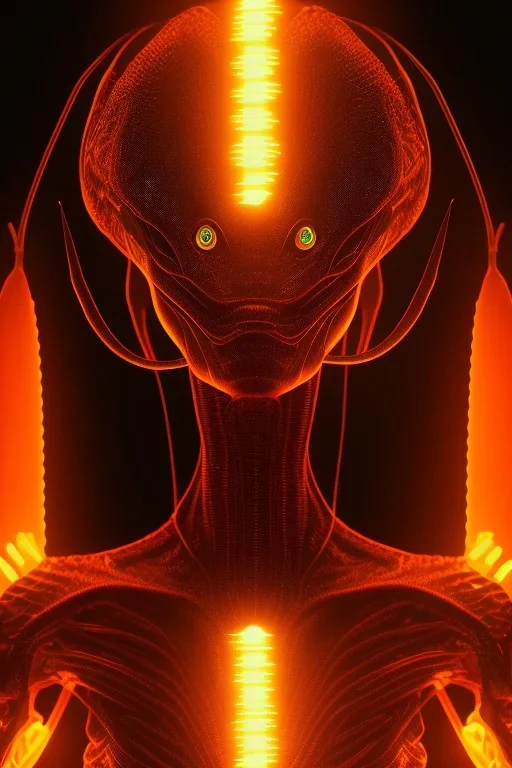 bitcoin alien, Fire theme art, Dark moody night atmosphere, , 8K, close-up face, anatomically perfect face