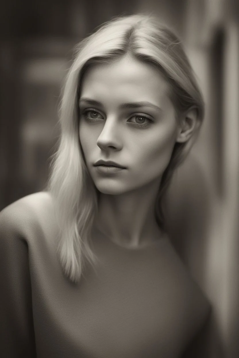 Fine art photography. Artistic act of a young blond Polish woman taken with a Mamiya M645 camera with a portrait lens on classic Ilford medium-format film, contrast light, high-key