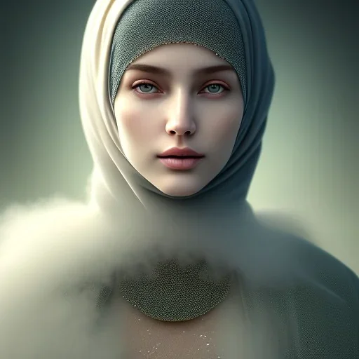 close up portrait of fog as woman in hijab, fine detail, highly intricate, modern surrealism painting, defined cracks and breaks, high-quality, volumetric lighting, 8k, ultrahd, George Grie, Marco Escobedo, Igor Morski,Brian Froud, Howard Lyon, Selina French,